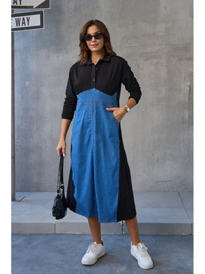 Siyah Jean Detaylı Gömlek Yaka Elbise 8132