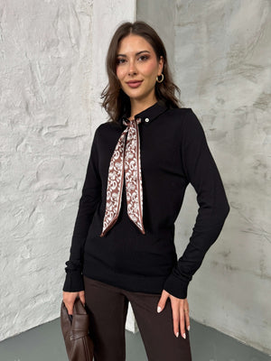 Siyah Polo Yaka Fularlı Massi Model Kazak R0097-Siyah