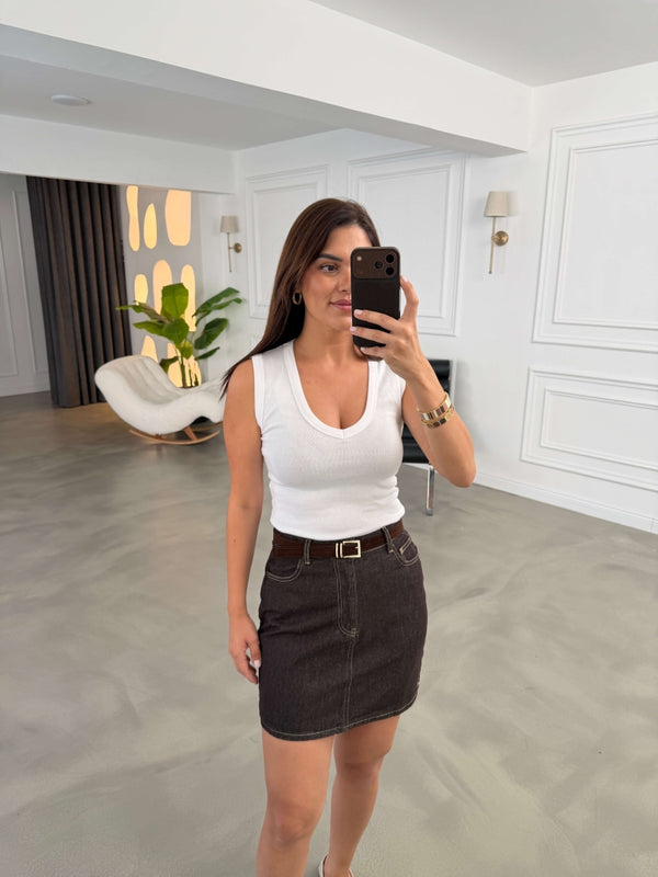 Kahverengi Kemerli Denim Etek 261051-Kahverengi