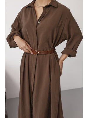 Kahve Tensel Kemerli Gömlek Elbise EYY3270-Kahve