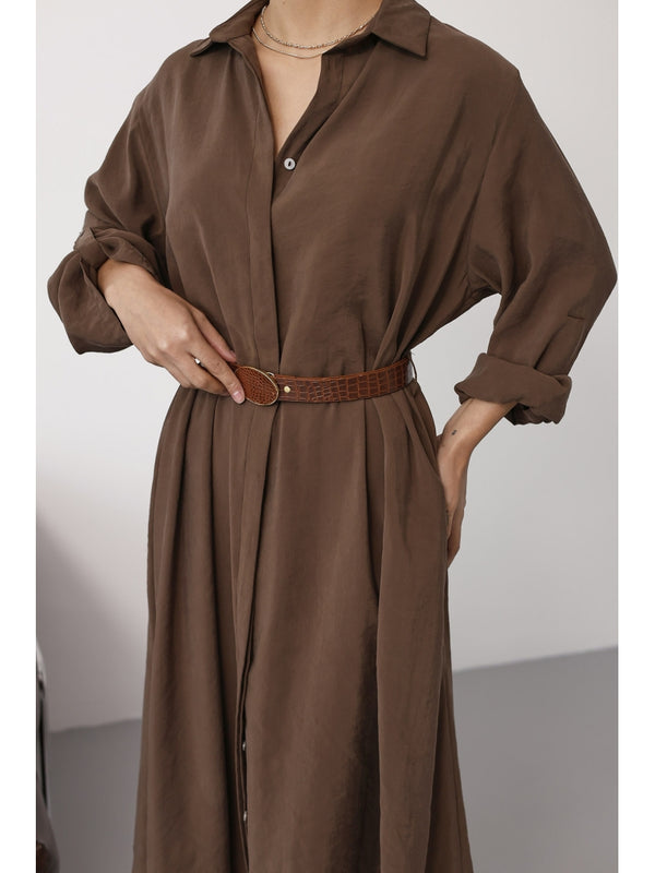 Kahve Tensel Kemerli Gömlek Elbise EYY3270-Kahve