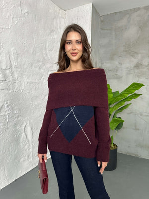 Bordo Açık Yaka Baklava Desen Kazak 2530-Bordo