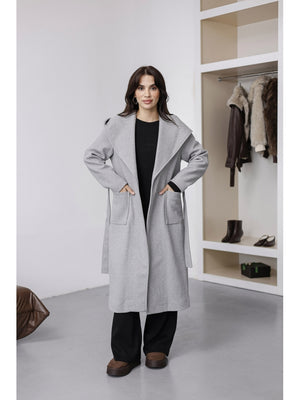 Gri Kapşonlu Kaşe Kaban 2610-Gri