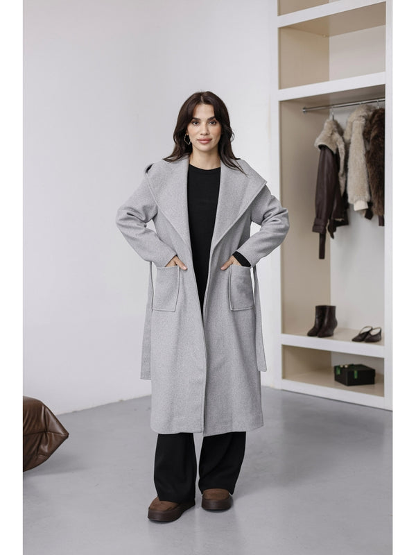 Gri Kapşonlu Kaşe Kaban 2610-Gri