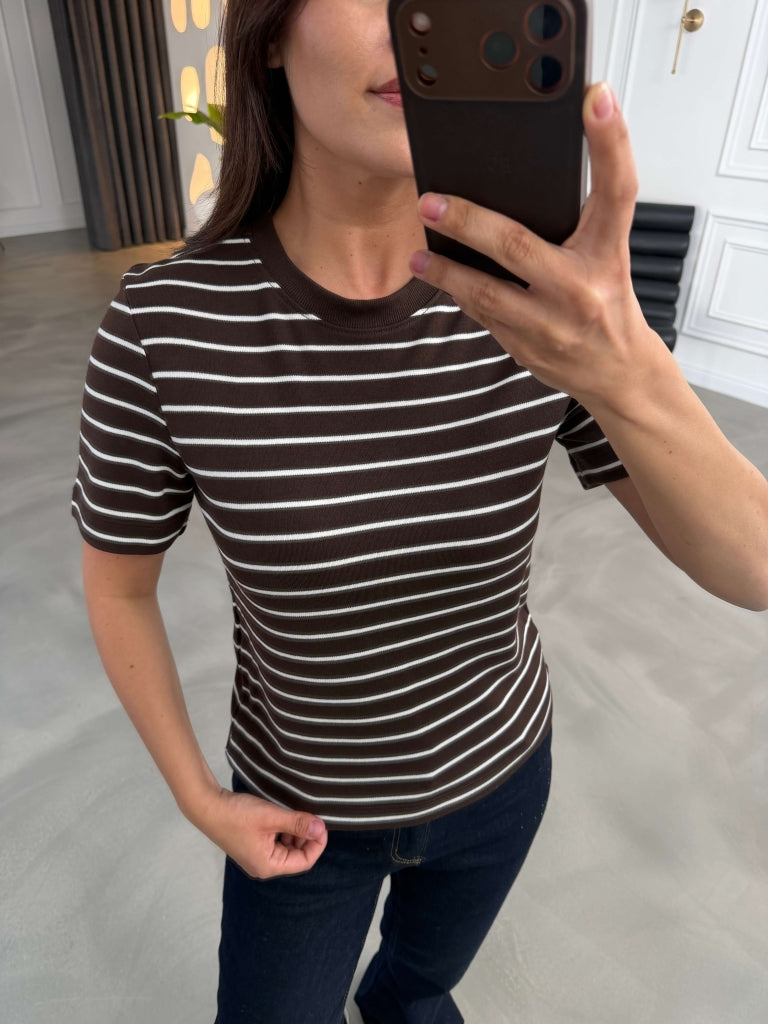 Kahve Çizgili Bisiklet Yaka Tshirt AK26327-Kahve