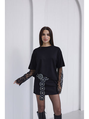 Siyah Güpür Kollu Bluz EY0302-Siyah