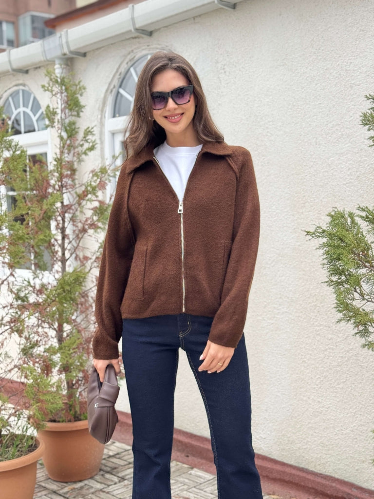 Acı Kahve Polo Yaka Fermuarlı Hırka 2381-Kahve