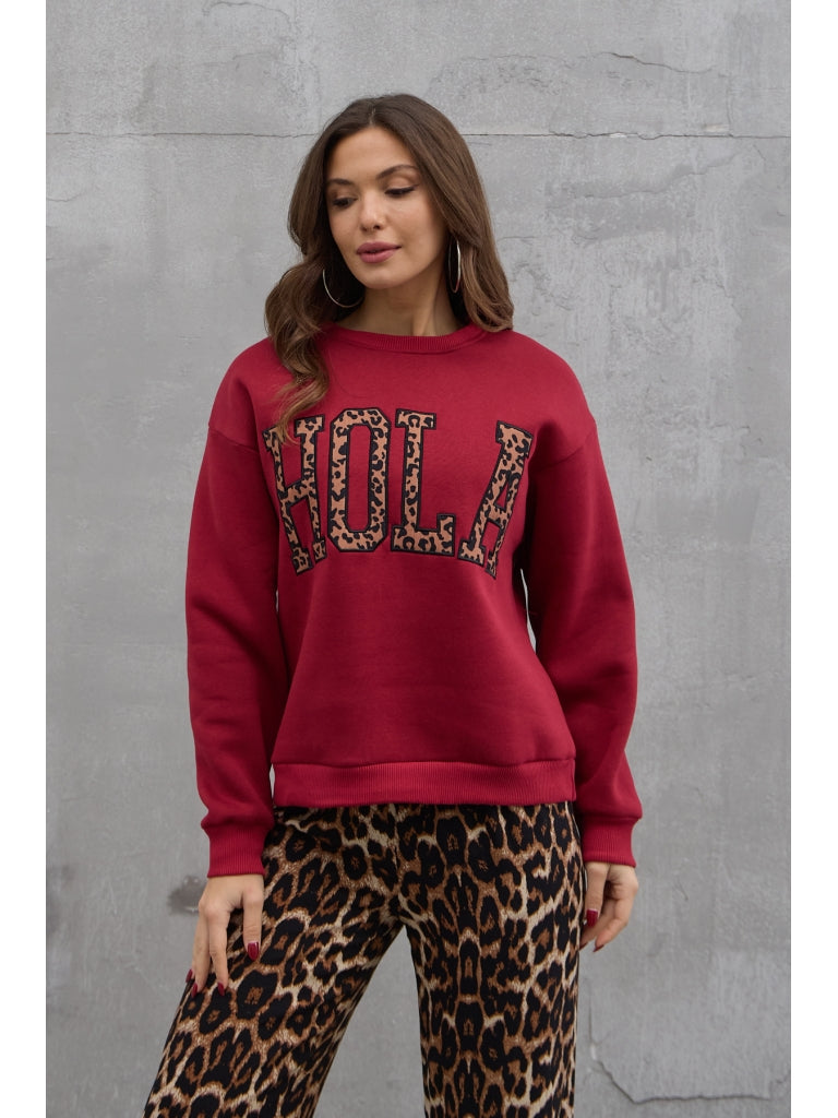 Bordo Şardonlu Hola Yazılı Sweat
