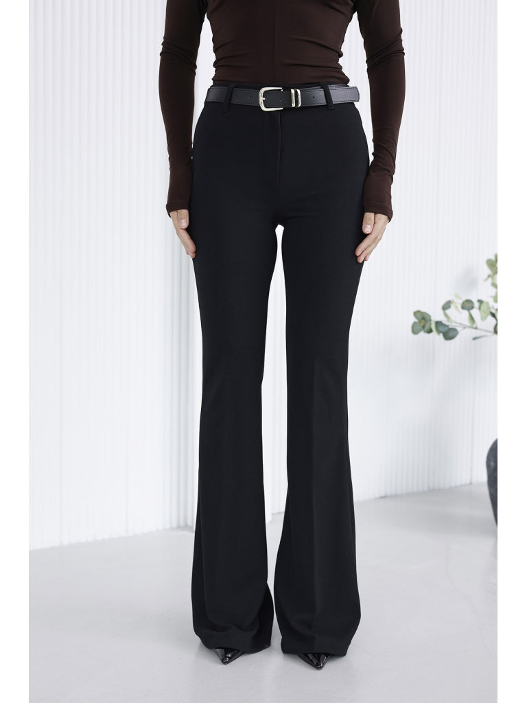 Siyah Gold Kemerli İspanyol Paça Pantolon 1741-Siyah