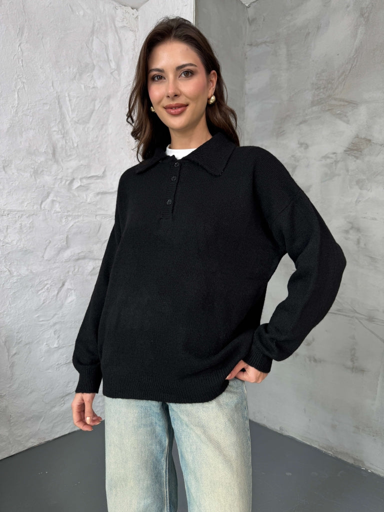 Siyah Polo Yaka Düğmeli Triko Kazak 2482-SİYAH