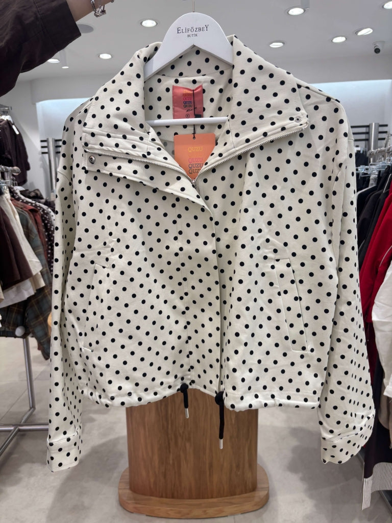 Krem Puantiyeli Bomber Ceket 1381-Krem