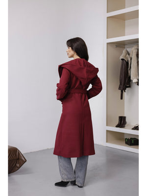 Bordo Kapşonlu Kaşe Kaban 2610-Bordo