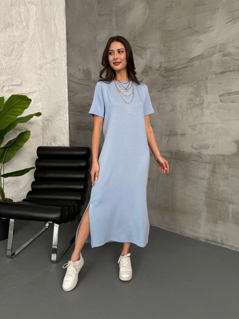 Bebe Mavi Yırtmaçlı Salaş Modal Elbise 0116-Bebe Mavi