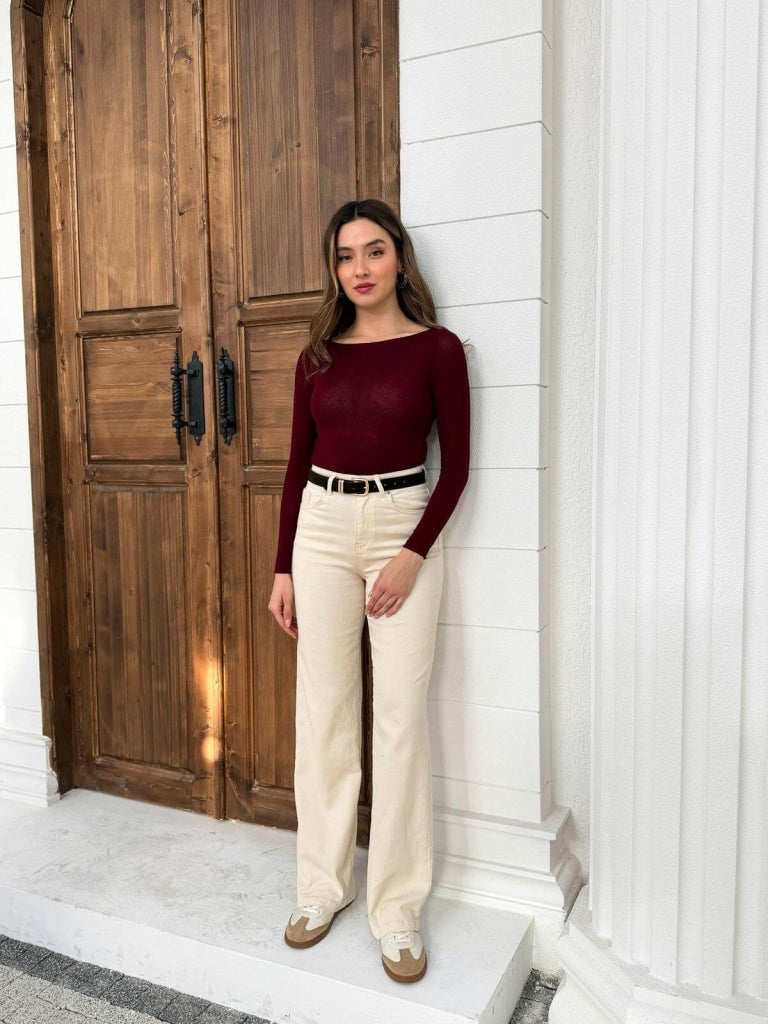 Bordo Kayık Yaka Transparan Bluz 25187-Bordo