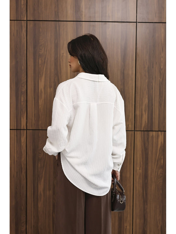 Beyaz Fitilli Oversize Gömlek 5000-Beyaz