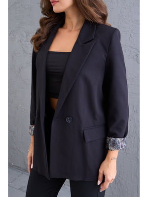 Siyah Leopar Kol Katlamalı Blazer Ceket