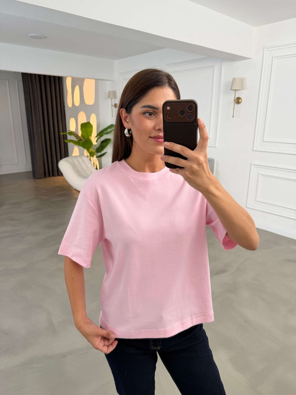 Pembe Bisiklet Yaka Basıc Tshirt 6597-Pembe