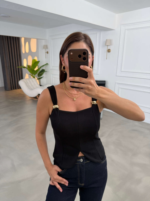Siyah Omuzu Gold Tokalı Bluz 4272-Siyah