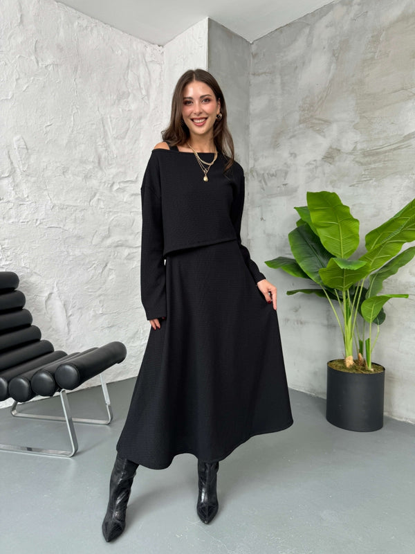 Siyah Bluzlu Elbise İkili Takım 7634-Siyah