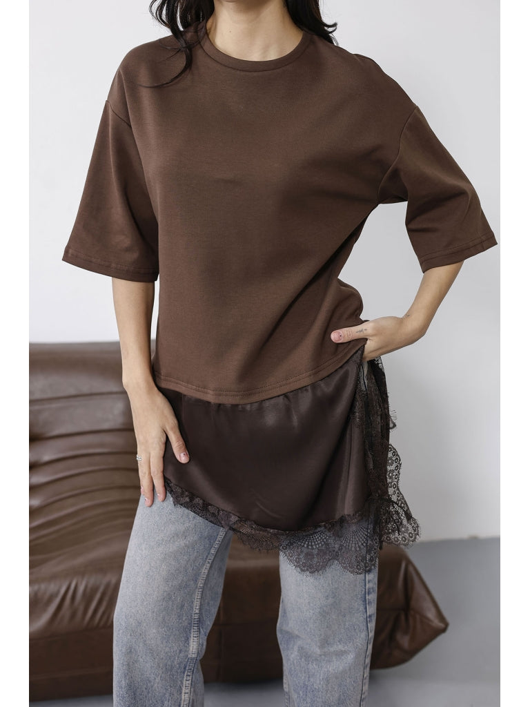 Kahverengi Dantelli Bluz 0771-Kahverengi