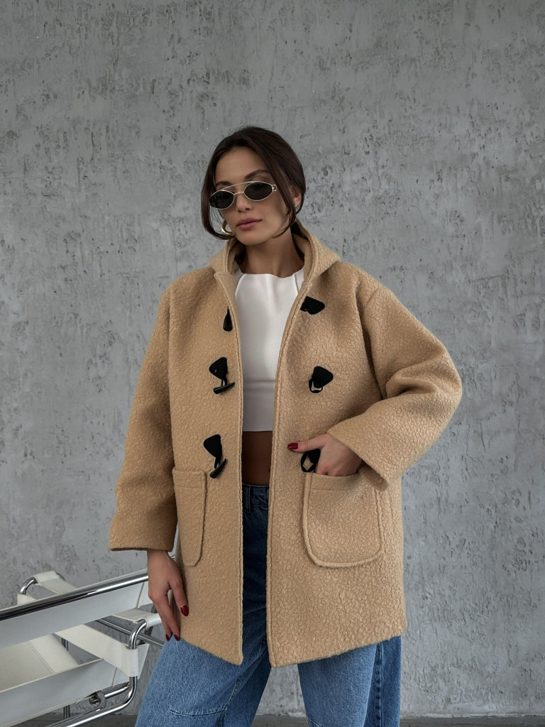 Camel Kapşonlu Düğme Detaylı Teddy Kaban