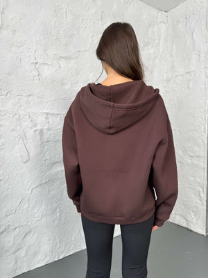 Kahverengi Ön Fermuarlı Kapüşonlu Sweatshirt 4032-Kahverengi