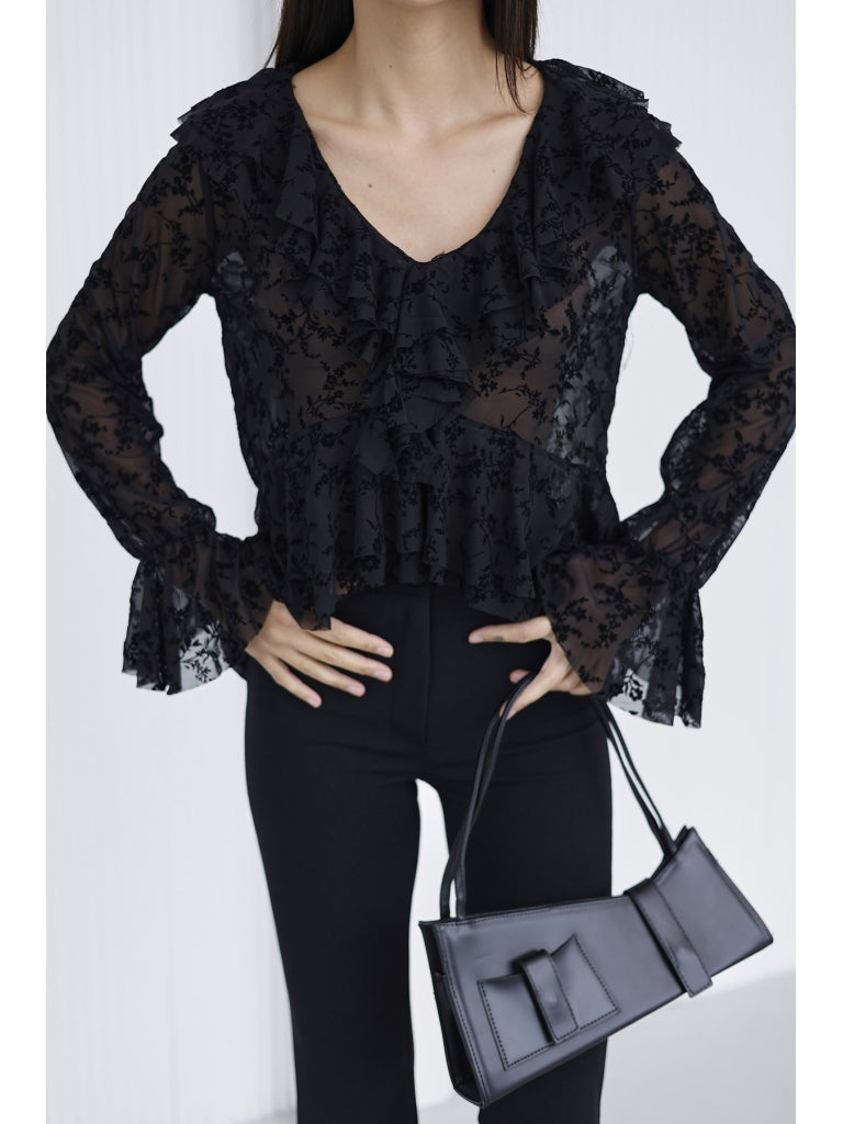 Siyah Çiçekli Fırfırlı Tül Bluz 1110-Siyah