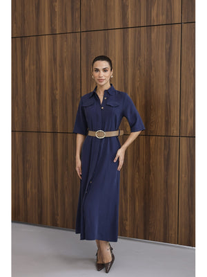 Lacivert Cep Detaylı Kısa Kol Elbise 8124-Lacivert
