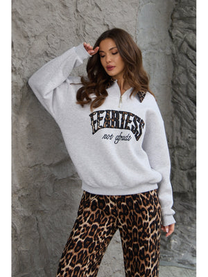 Gri Leopar Nakışlı Polo Yaka Sweat