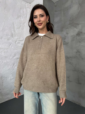 Vizon Polo Yaka Düğmeli Triko Kazak 2482-VİZON