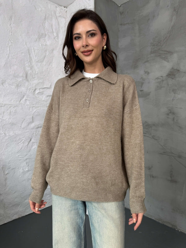 Vizon Polo Yaka Düğmeli Triko Kazak 2482-VİZON