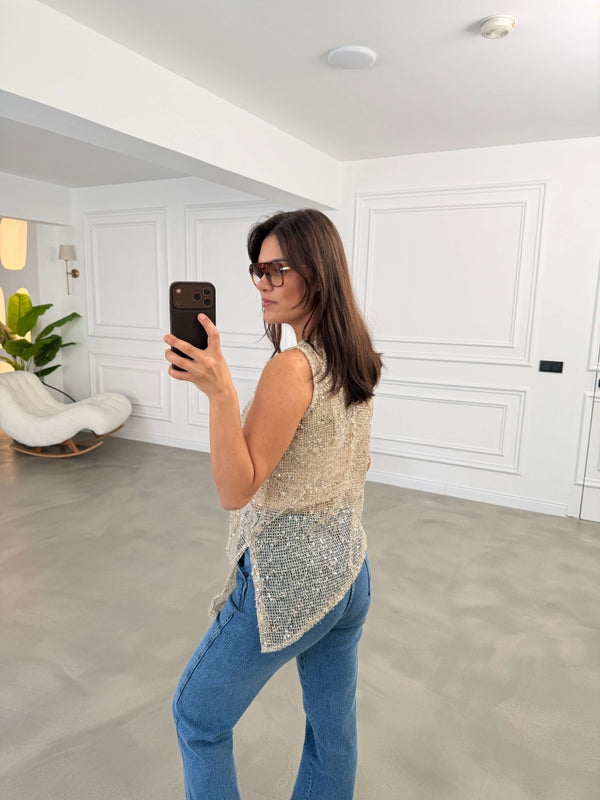 Taş İçi Askılı Asimetrik Pullu Bluz 1115-Taş