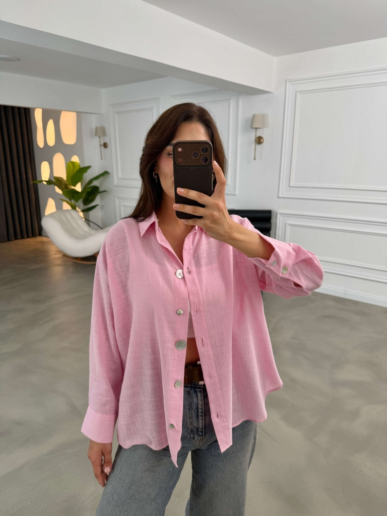 Pembe Düğme Detaylı Keten Gömlek 580384-Pembe