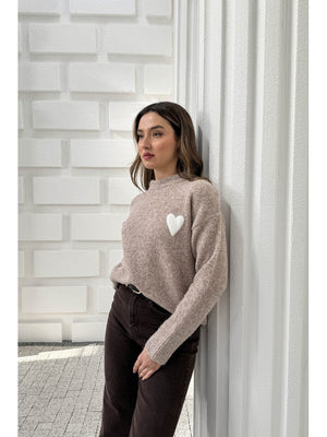 Dilvin Vizon Yumuşak Dokulu Kalpli Triko Kazak 10837-Vizon