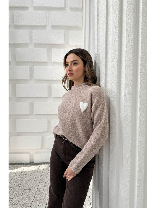 Dilvin Vizon Yumuşak Dokulu Kalpli Triko Kazak 10837-Vizon