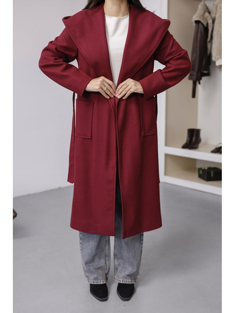 Bordo Kapşonlu Kaşe Kaban 2610-Bordo