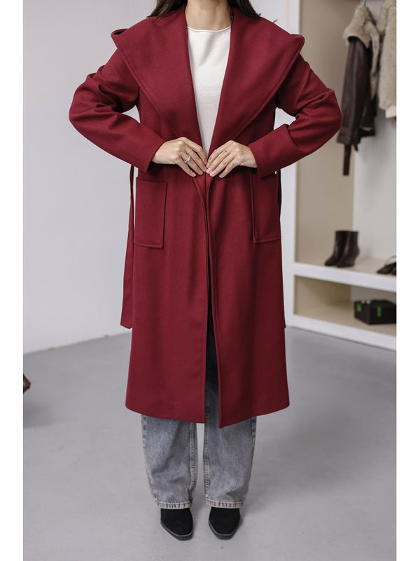 Bordo Kapşonlu Kaşe Kaban 2610-Bordo