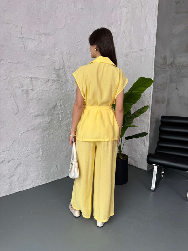 Sarı Tencel Yelek Pantolon Takım