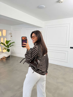 Kahverengi Çizgili Fularlı Sweatshirt 9037-Kahverengi