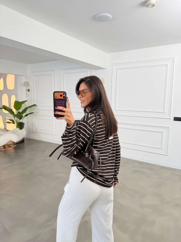 Kahverengi Çizgili Fularlı Sweatshirt 9037-Kahverengi