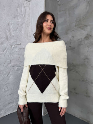 Ekru Açık Yaka Baklava Desen Kazak 2530-Ekru