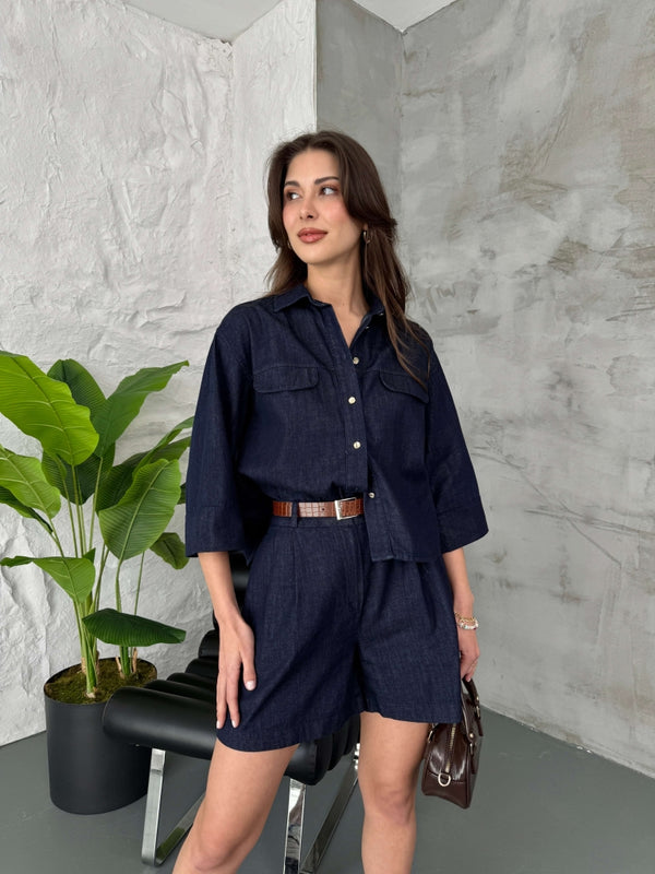 Premium İnce Denim Şort Gömlek Takım