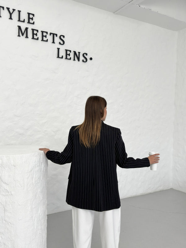 Siyah Çizgili Oversize Blazer Ceket