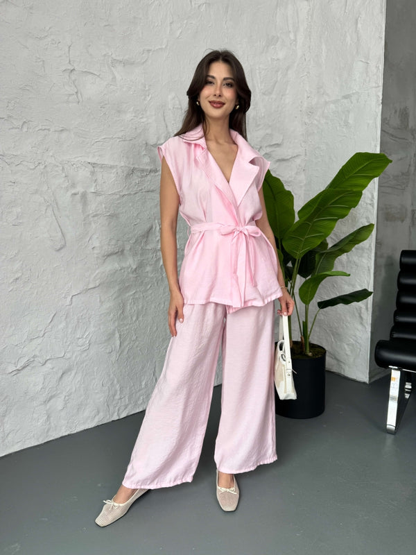 Pembe Tencel Yelek Pantolon Takım