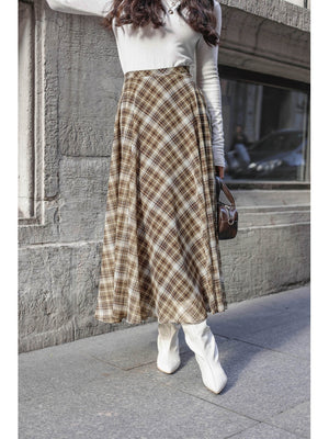 Haki Ekose Detaylı Şifon Etek 0613-Haki