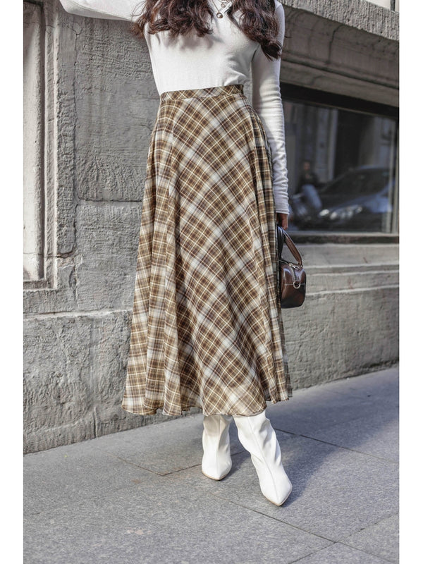 Haki Ekose Detaylı Şifon Etek 0613-Haki