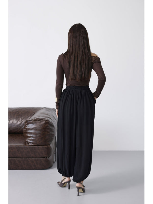 Siyah Paçası Lastikli Şalvar Pantolon 51316-Siyah