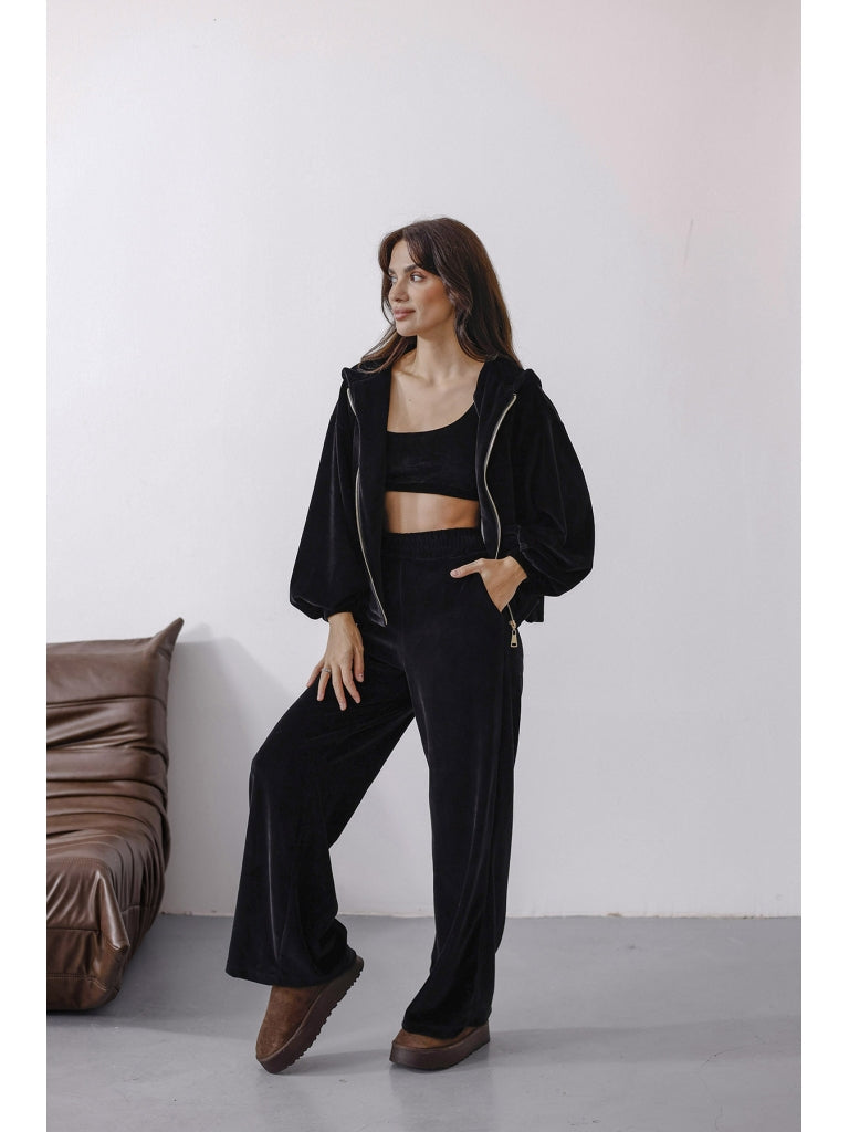 Perry Siyah Üç Parça Kadife Takım 0097-Siyah