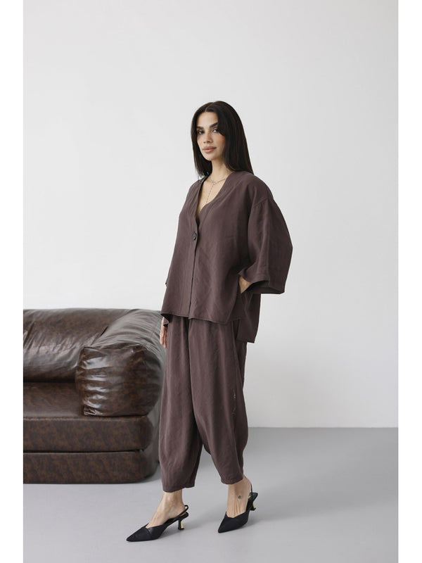 Koyu Kahverengi Tek Düğmeli Bluz Pantolon Takım 51189-Koyu Kahve