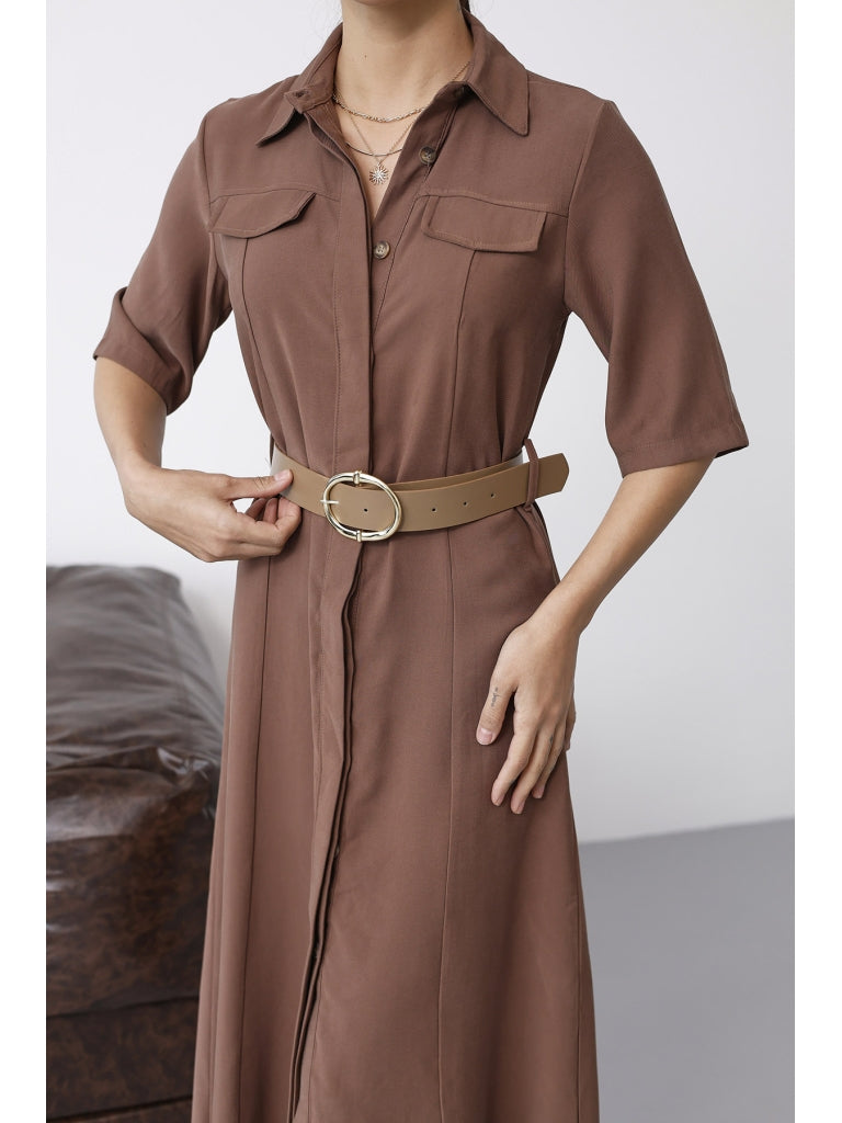 Kahve Cep Detaylı Kısa Kol Elbise 8124-Kahve